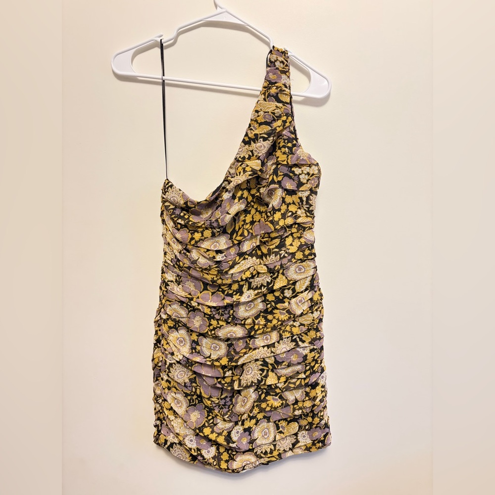 NWT Zara One-Shoulder Floral Dress in Black and Purple size S